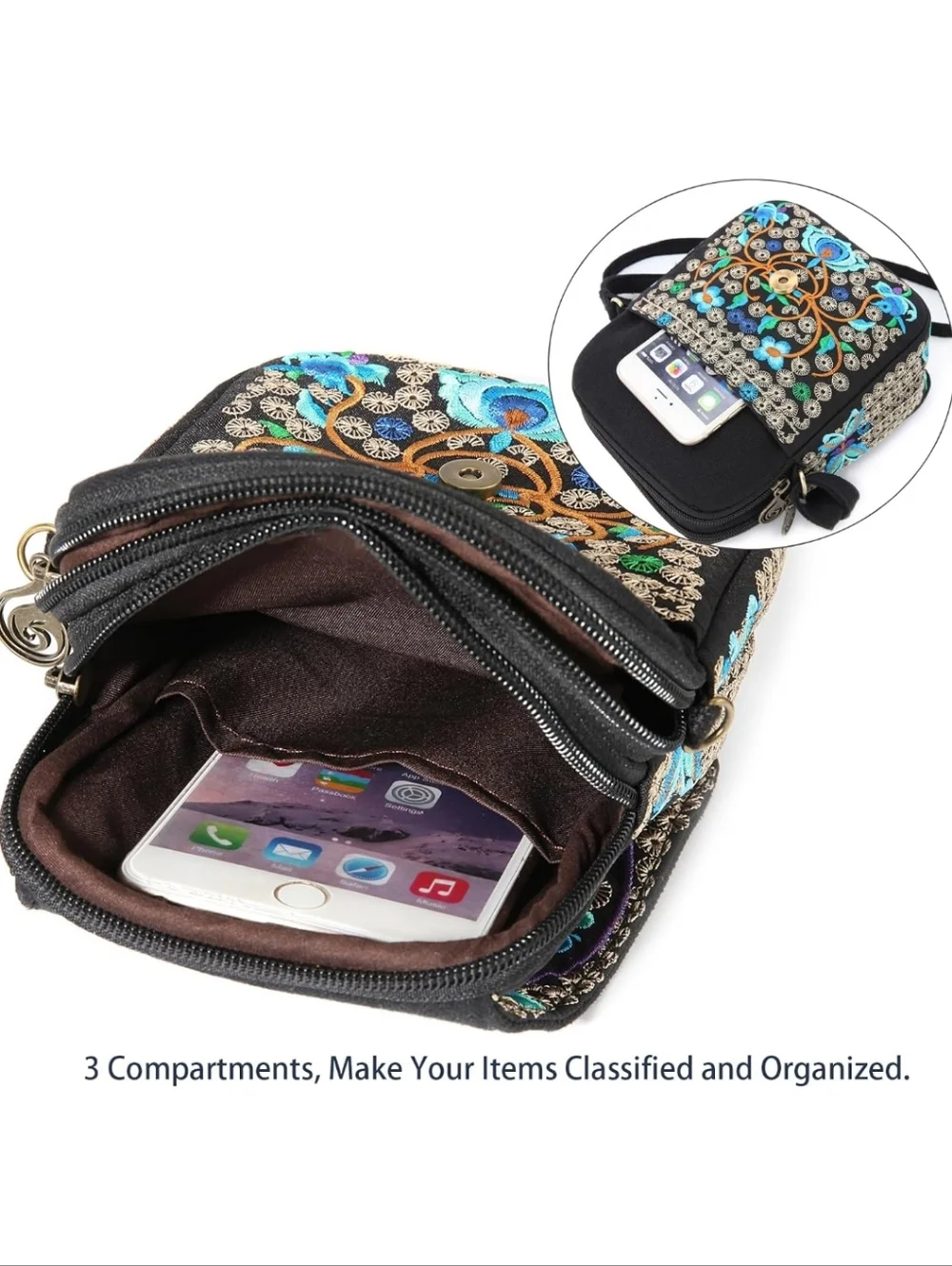 💙 Embroidered Boho Black & Blue Floral Backpack and Crossbody Purse 2pc